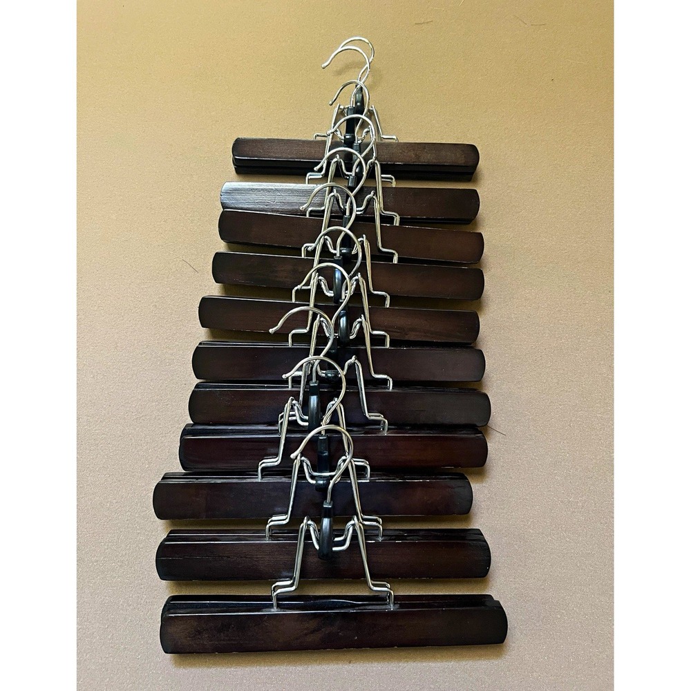 Wood Pants Hangers w/ Clamp Swivel Hook, Brown Solid Wood/Metal for Skirt 10pcs